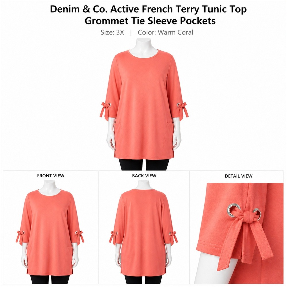 Denim & Co Active French Terry Tunic Top Warm Coral Grommet Tie Sleeve 3X